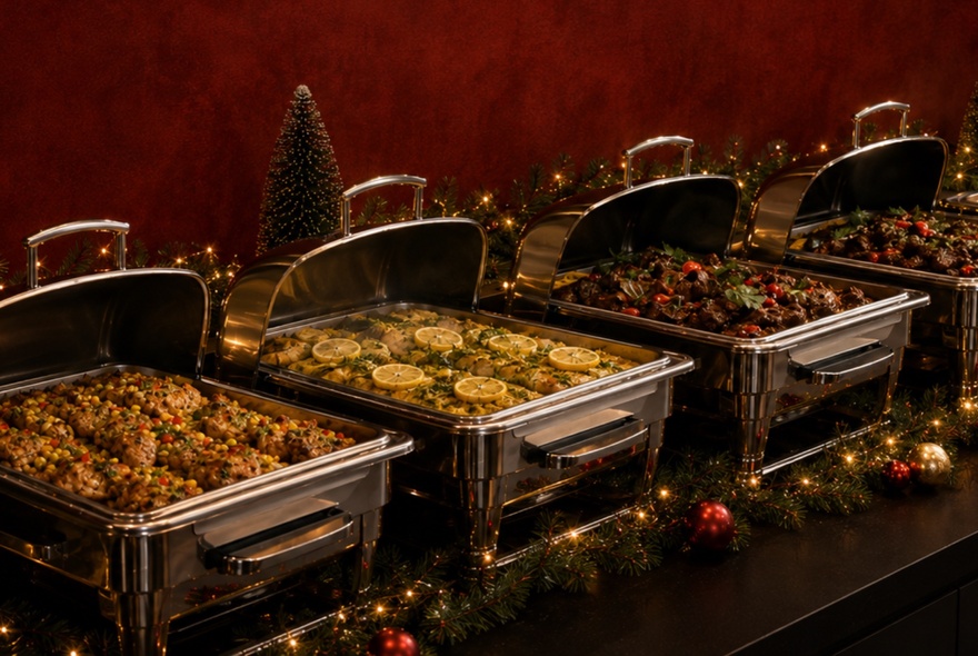 A hotel buffet with a line of bain-marie with lids open against a deep red background. 