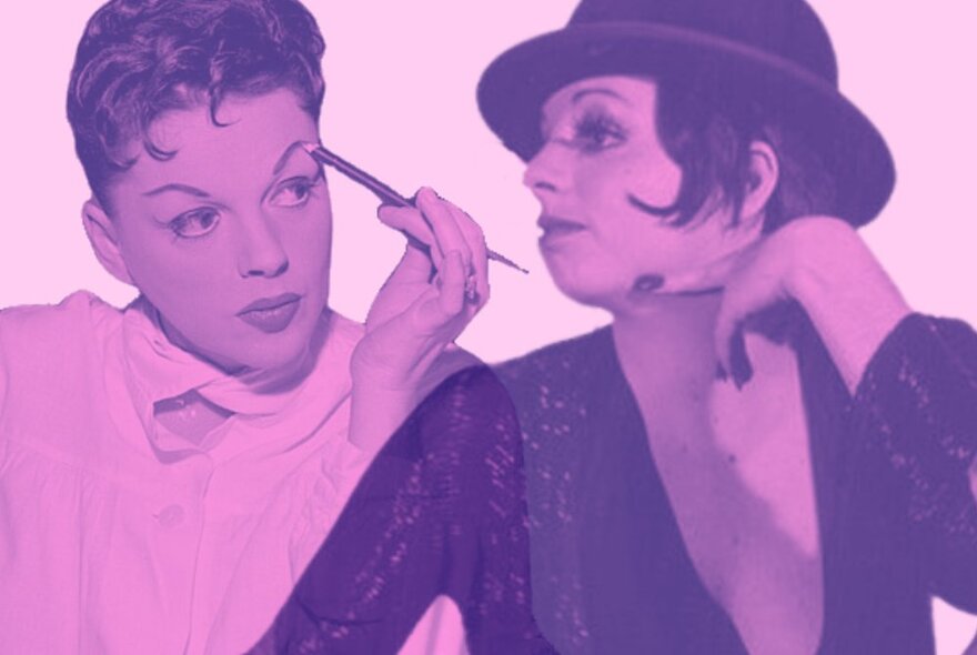 Pink-hued merged pictures of Judy Garland painting her eyebrows and liz Minelli wearing Cabaret hat with her hand on her chin.