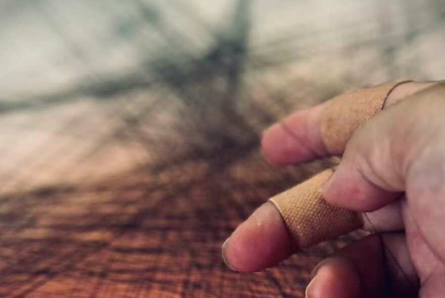 A person's hands with bandages on two fingers, working with interwoven black strings.