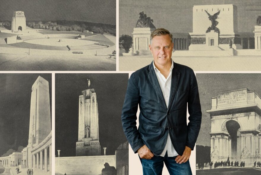 Peter Maddison standing in front of four different black and white images of forgotten designs for the Shrine of Remembrance.