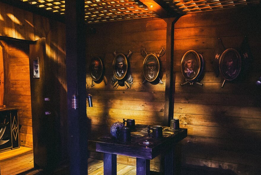 Below deck on a pirate ship. 