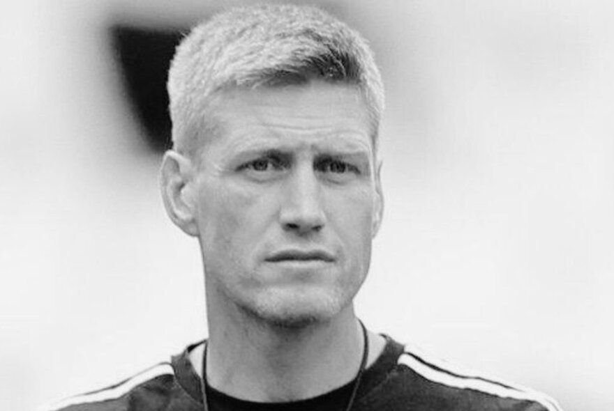 Black and whtie portrait of rugby great, Ronan O'Gara.