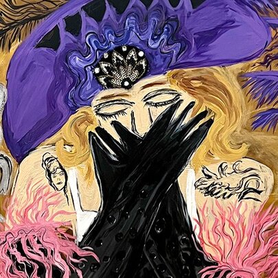 Artowrk showing an abstract woman in a decorative purple hat bringing her hands with long black gloves up to hide her mouth, a small grey animal in the left of the image. 