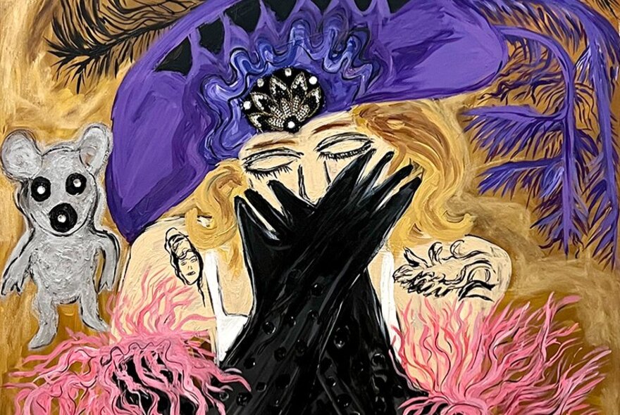 Artowrk showing an abstract woman in a decorative purple hat bringing her hands with long black gloves up to hide her mouth, a small grey animal in the left of the image. 