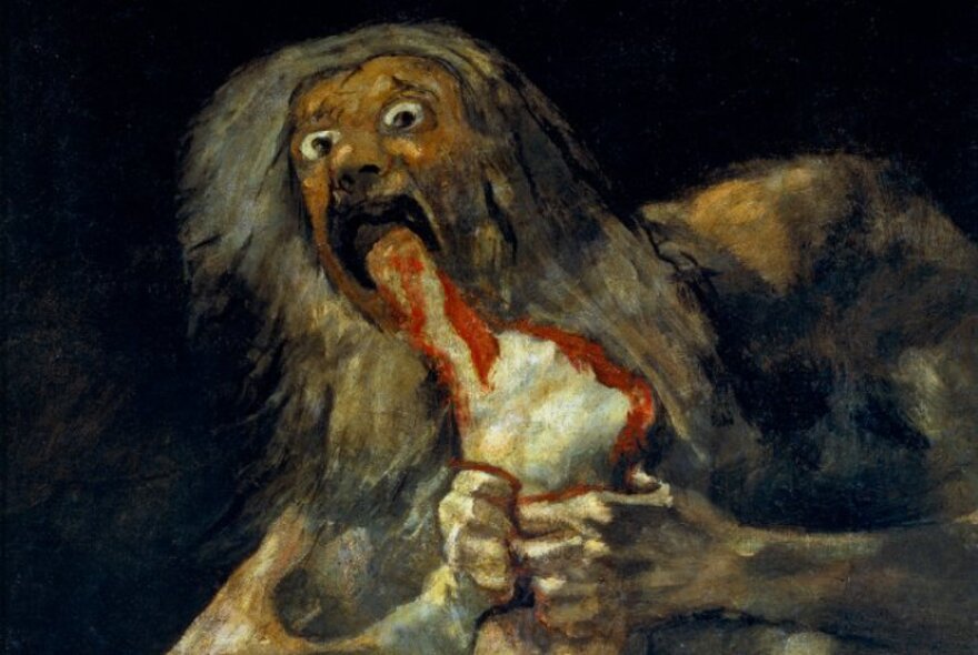 Oil painting of an oversize giant scary-looking creature, a giant god, biting into the bleeding torso of a smaller being that he holds in his hands up to his open mouth.