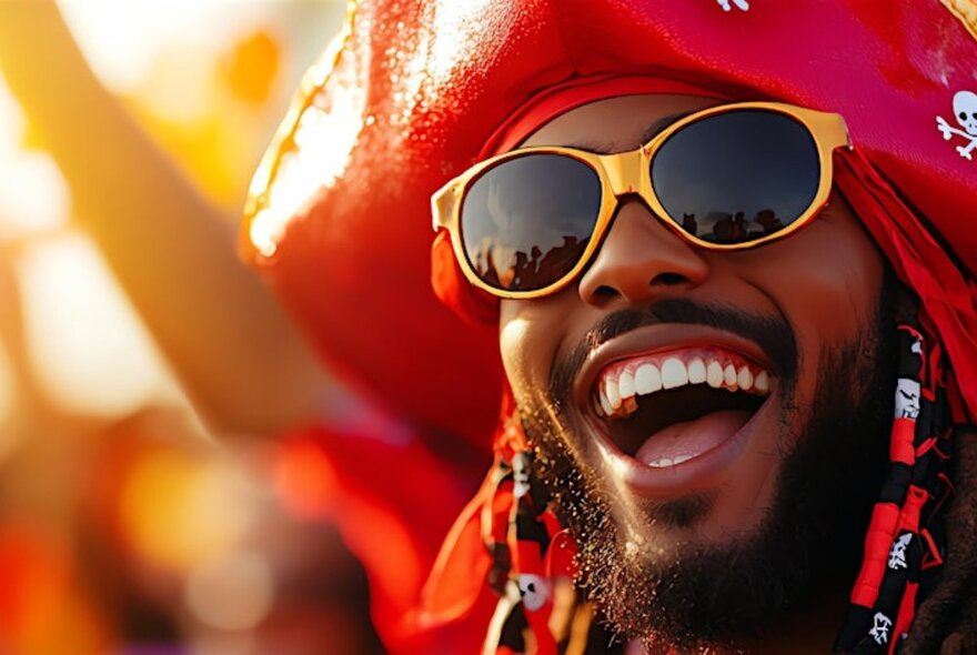 A closeup of a man's face, with a wide open mouthed smile, wearing a red pirate hat and sunglasses, in the setting sunlight.