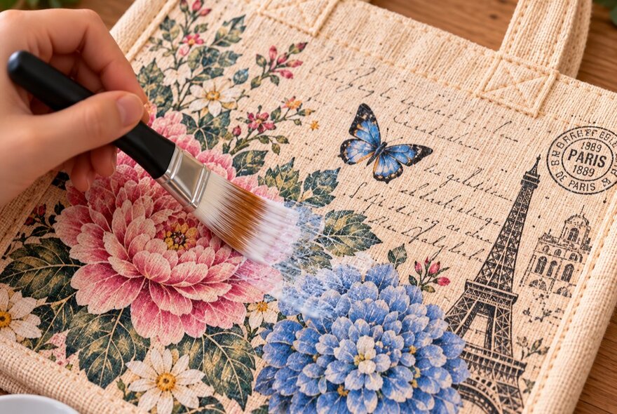 Hand holding a brush to glue transfers onto a bag.