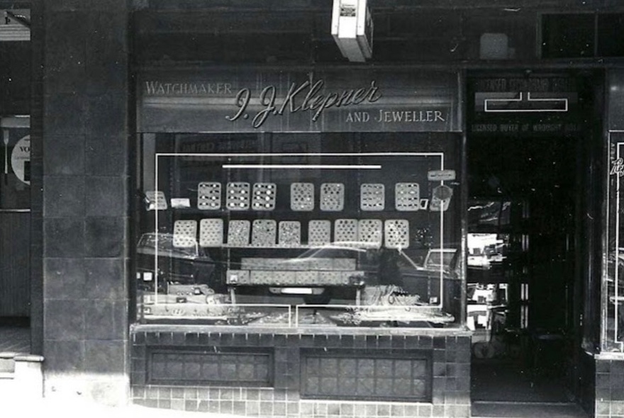 Black and white photograph of the original storefront of Klepners Antique Jewellery.