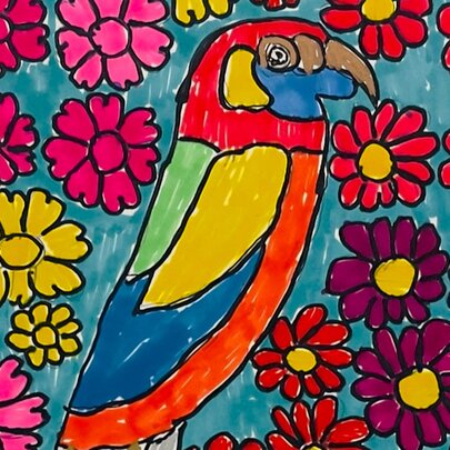 A colourful artwork depicting a King Parrot surrounded by flowers.