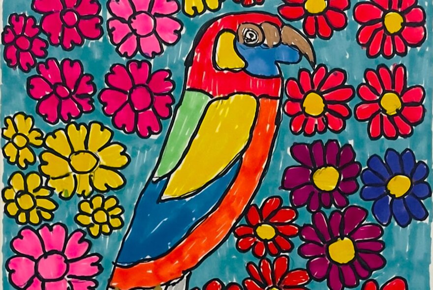 A colourful artwork depicting a King Parrot surrounded by flowers.
