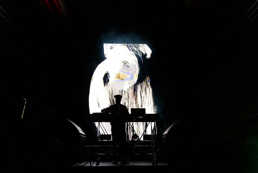 A musician DJ standing silhouetted at a mixing desk on a stage, with a projected image on the large screen behind them.