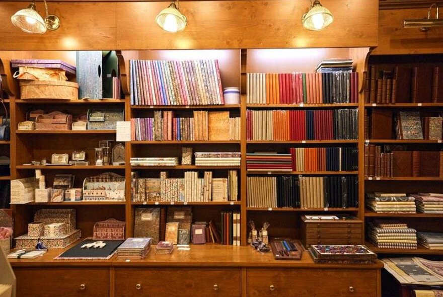 Shelves of books and notepads in a stationery store