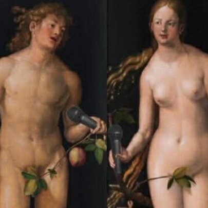 Side-by-side Renaissance-style paintings of a naked male and a naked female, both with olive branches over their private parts, and both holding a modern microphone.