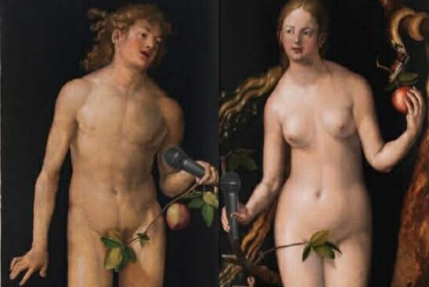 Side-by-side Renaissance-style paintings of a naked male and a naked female, both with olive branches over their private parts, and both holding a modern microphone.
