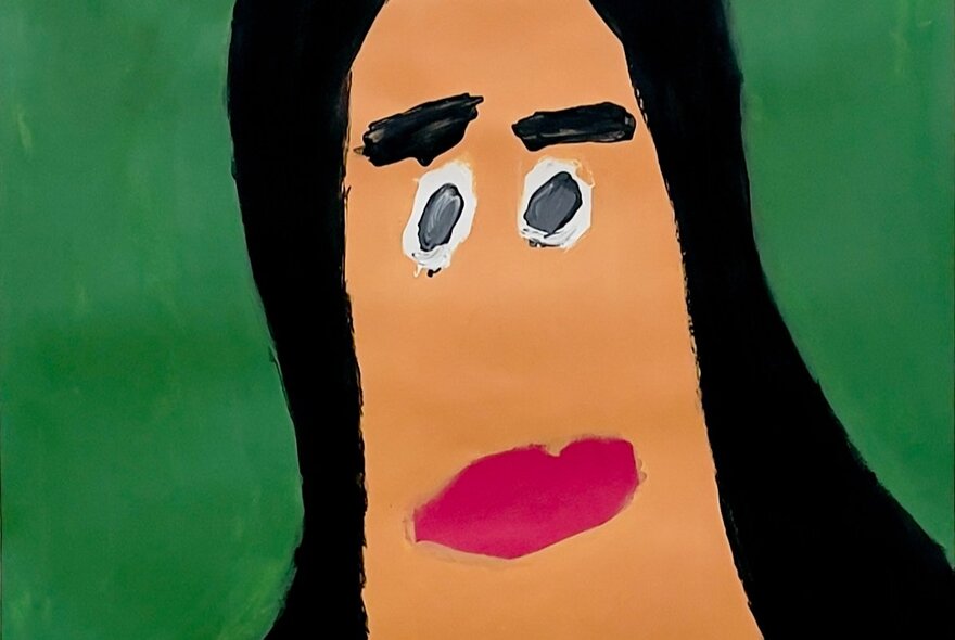 A painted artwork depicting a simple face with black hair.