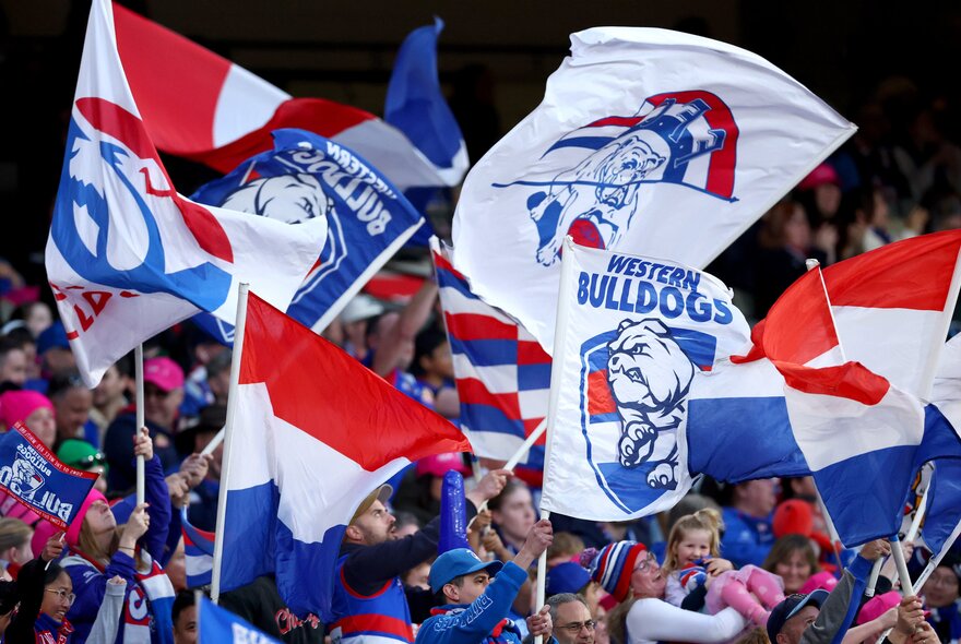 Western Bulldog AFL football fans with flags in the stands during a match.
