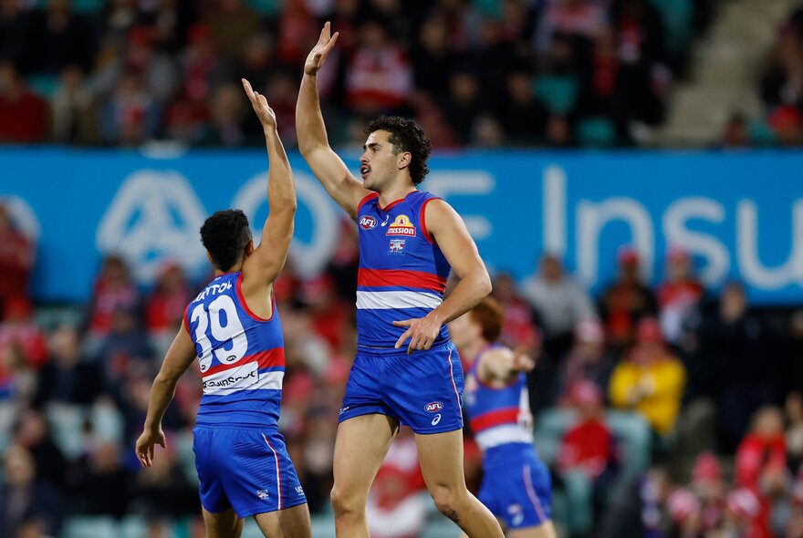 Two Western Bulldogs AFL football players celebrating on the field with blurred fans in the stadium in the background.