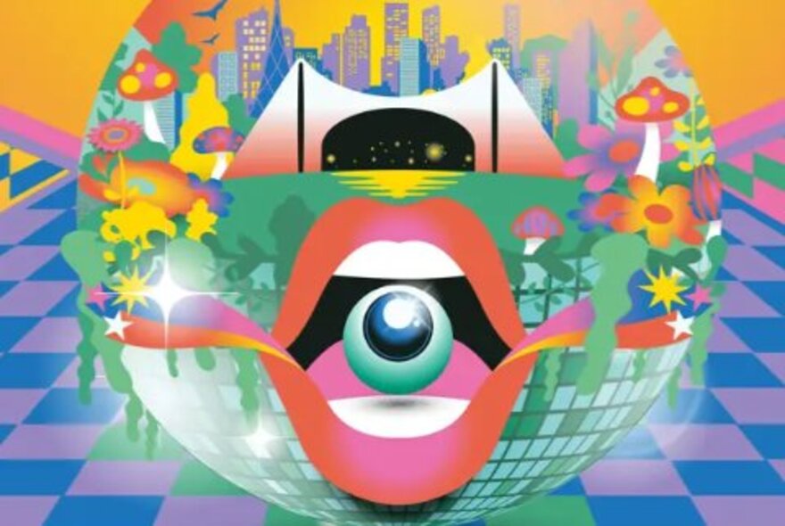 Graphic promotional image of open mouth with Myer Music Bowl and flowers in a mirror ball shape.