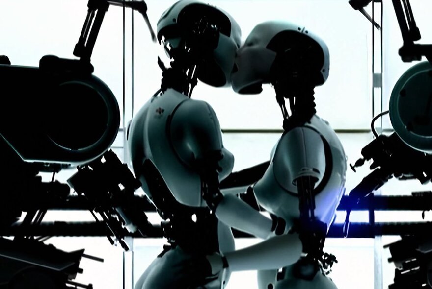 Two female cyborg robots, kissing, in front of other robot machinery and a bright white background.