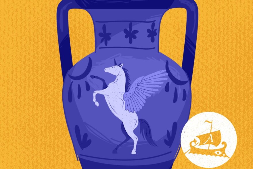 Artwork depicting a Grecian urn with a winged horse and a small circle with an ancient ship in yellow against a yellow background. 