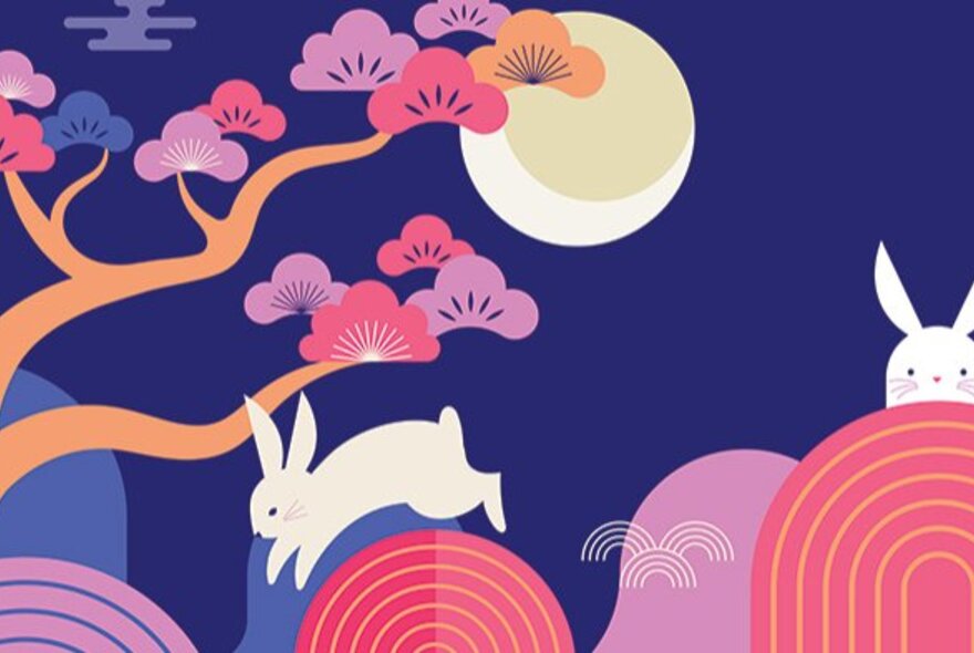 A illustration of two white rabbits, a cherry blossom tree and a full moon.