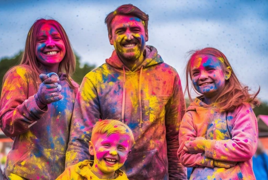 A family group of four outdoors, completely covered in coloured powder at a Holi Festival of Colours.