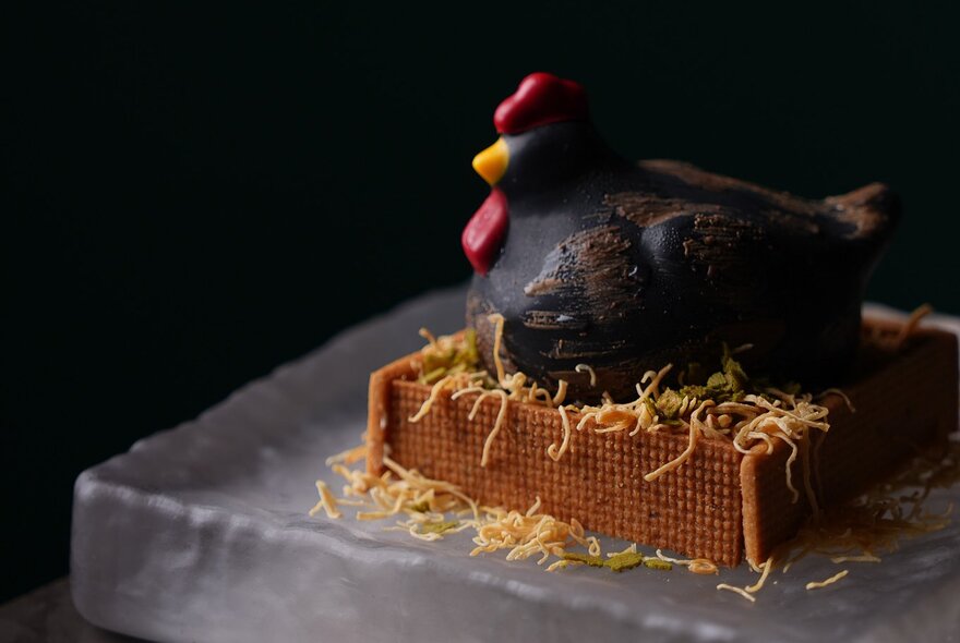 Chocolate hen cake seated on straw cake base.