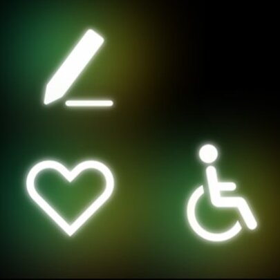 Glowing neon-style icons against a dark background, depicting a pen or edit symbol, a heart symbol, and the international wheelchair accessibility symbol.