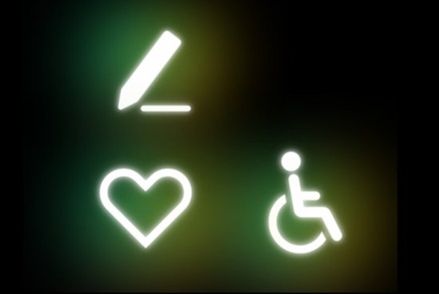 Glowing neon-style icons against a dark background, depicting a pen or edit symbol, a heart symbol, and the international wheelchair accessibility symbol.