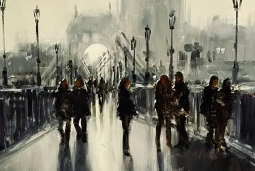 Impressionist painting of figures on a bridge in wet weather.