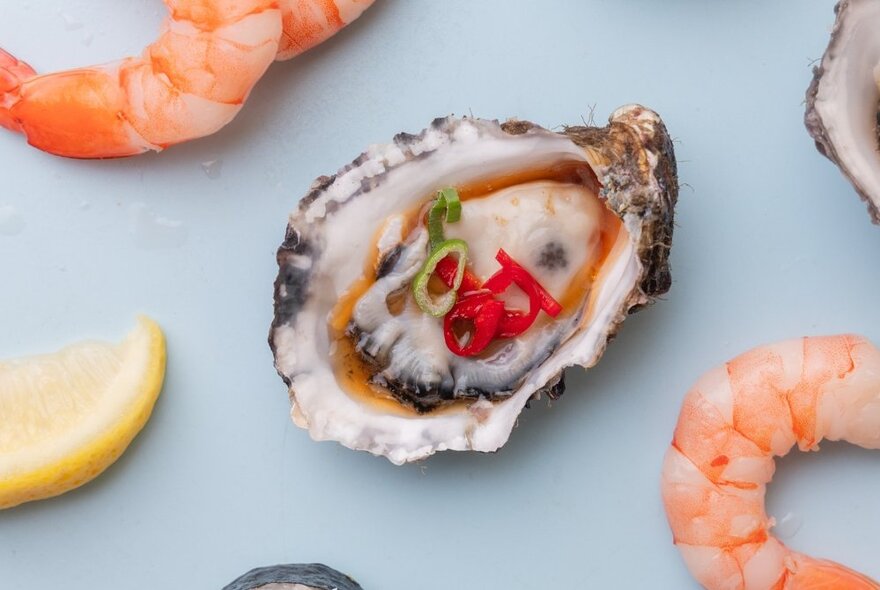 A single shucked oyster with a chopped chilli garnish, with two peeled prawns next to it, on a white table.