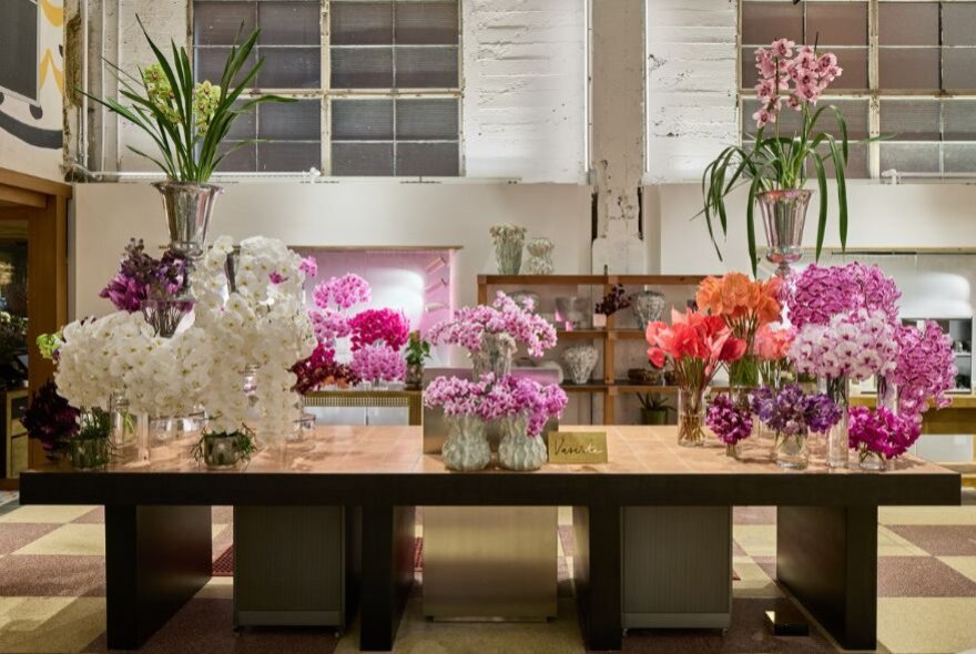 Vases of white and pink flowers on a low table display in a store setting.