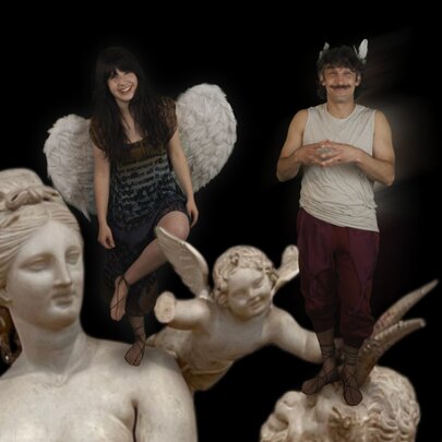A man and woman recreate ancient Greek sculptures alongside ancient marble statues against a black background.