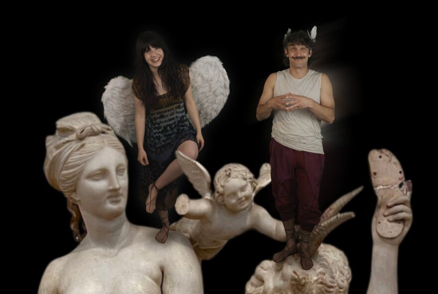 A man and woman recreate ancient Greek sculptures alongside ancient marble statues against a black background.