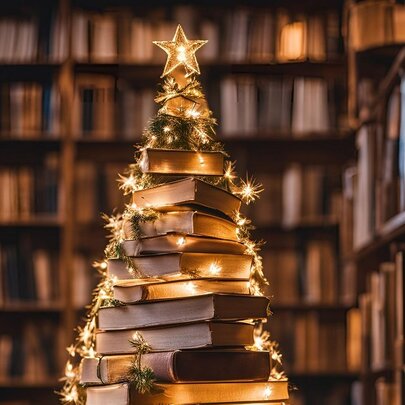 A christmas tree made of books.