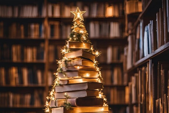 A christmas tree made of books.