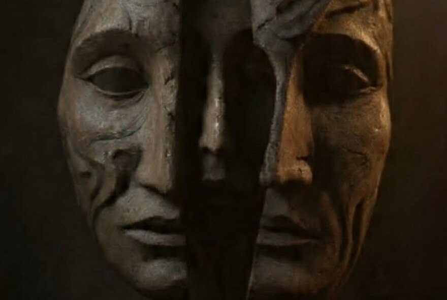 An clay or terracotta face mask from ancient Roman times, against a black background.