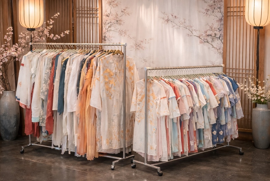 Two clothing racks displaying various colorful Hanfu garments in a setting with traditional Chinese decor.