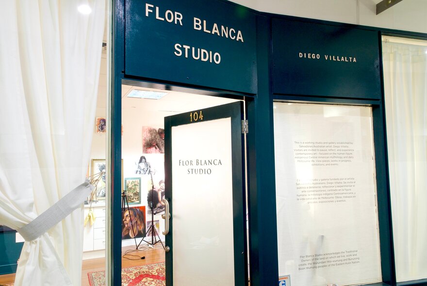 The open door of Flor Blanca Studio.