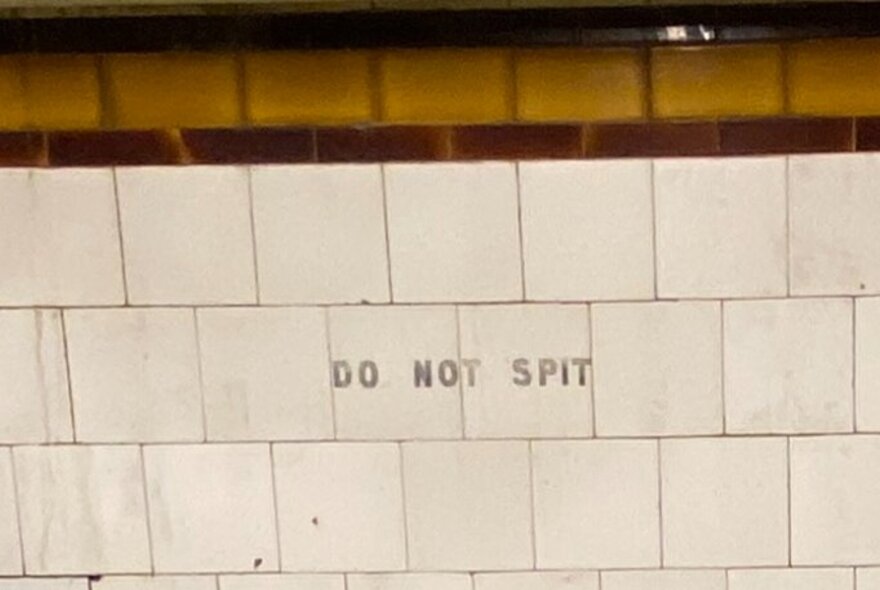 White porcelain wall tiles with small letters that say DO NOT SPIT printed across the centre of the wall.