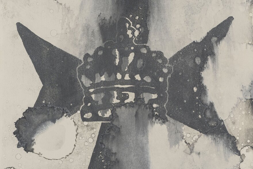 A watercolour artwork depicting a crown and a cross, bleeding into bubbles and water droplets.