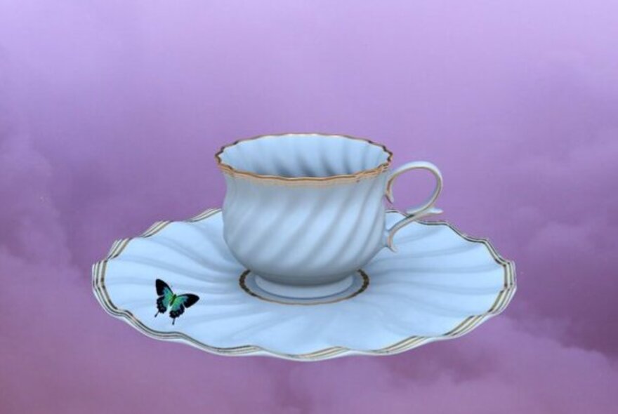 Teacup with butterfly floating in purple clouds.