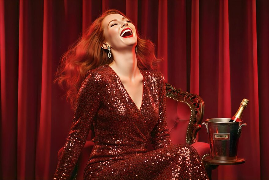 A stylised image of a woman with long red hair wearing a red V-neck shimmering dress, laughing with her head tiled back, seated in a red armchair with a red velvet curtain backdrop, an ice bucket with a bottle of Champagne on the table next to her.