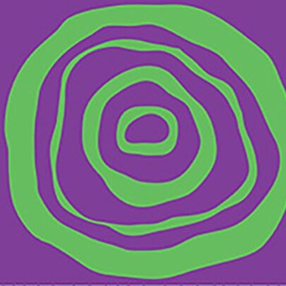 An abstract graphic illustration or artwork featuring concentric, wavy circles in green on a purple background.