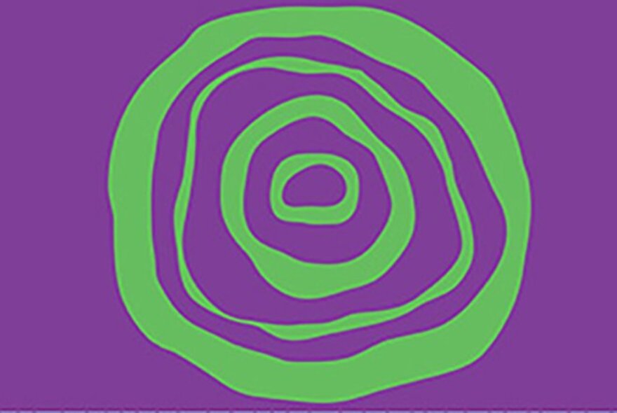An abstract graphic illustration or artwork featuring concentric, wavy circles in green on a purple background.