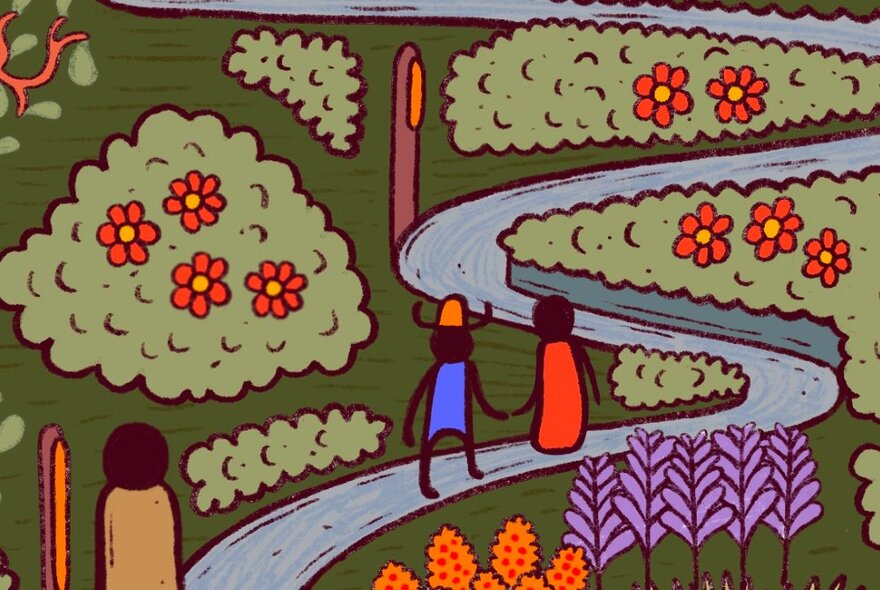 Child's drawing of figures walking through a garden.