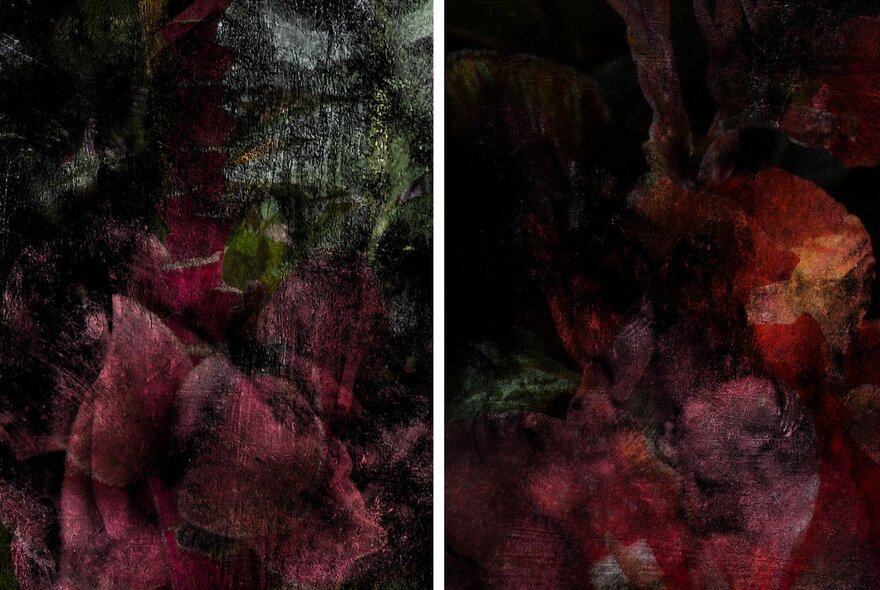 A repeated sequence of prints in muted colours of dark pink and green, resembling a micro landscape.