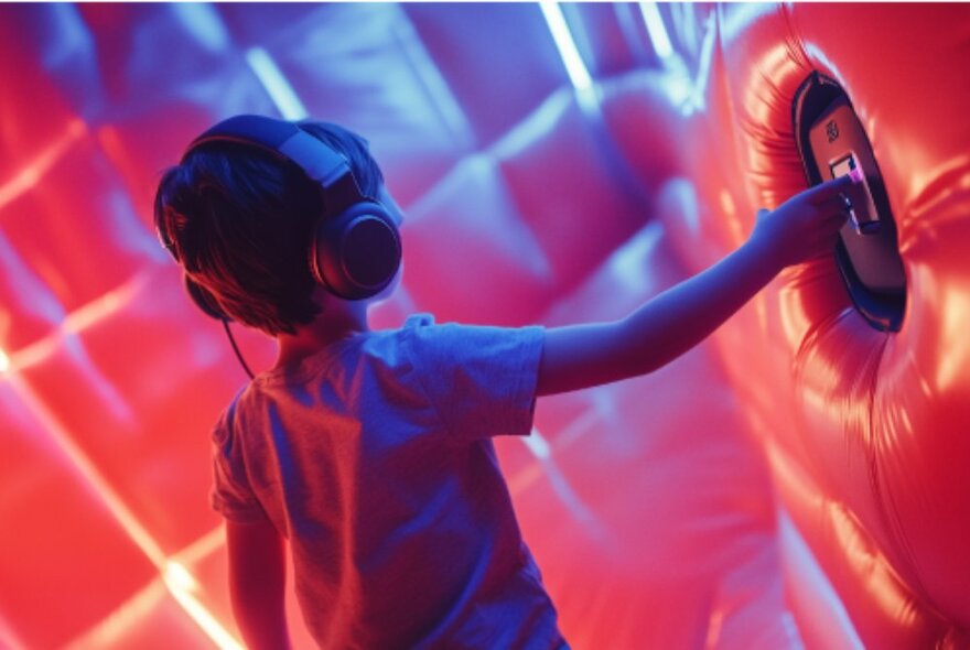 A child wearing a headset puts a hand into an object embedded in a padded object in a room tinted red and blue. 