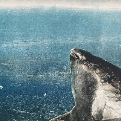 Artwork of a rocky grey outcrop or cliff jutting out over a blue ocean.