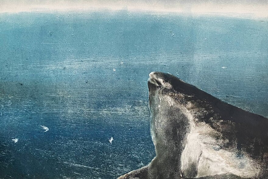 Artwork of a rocky grey outcrop or cliff jutting out over a blue ocean.
